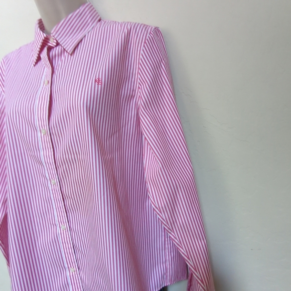 Lauren Ralph Lauren Woman Sz L Preppy Pink Striped Shirt Long Sleeve Button Up - Picture 5 of 9